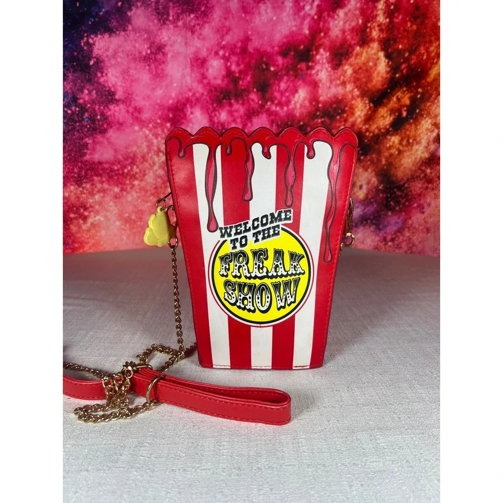 Welcome to the Freak Show Popcorn Box Crossbody Bag Red White Striped Novelty